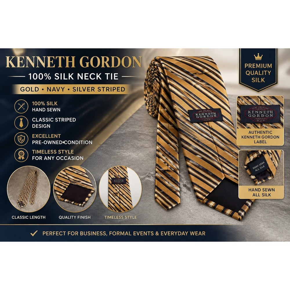 Kenneth Gordon Mens Silk Neck Tie Gold Navy Silver Striped Hand Sewn New Orleans
